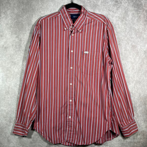Faconnable Classique Shirt Mens Large Red Blue Striped Button Down Long Sleeve - Picture 1 of 10